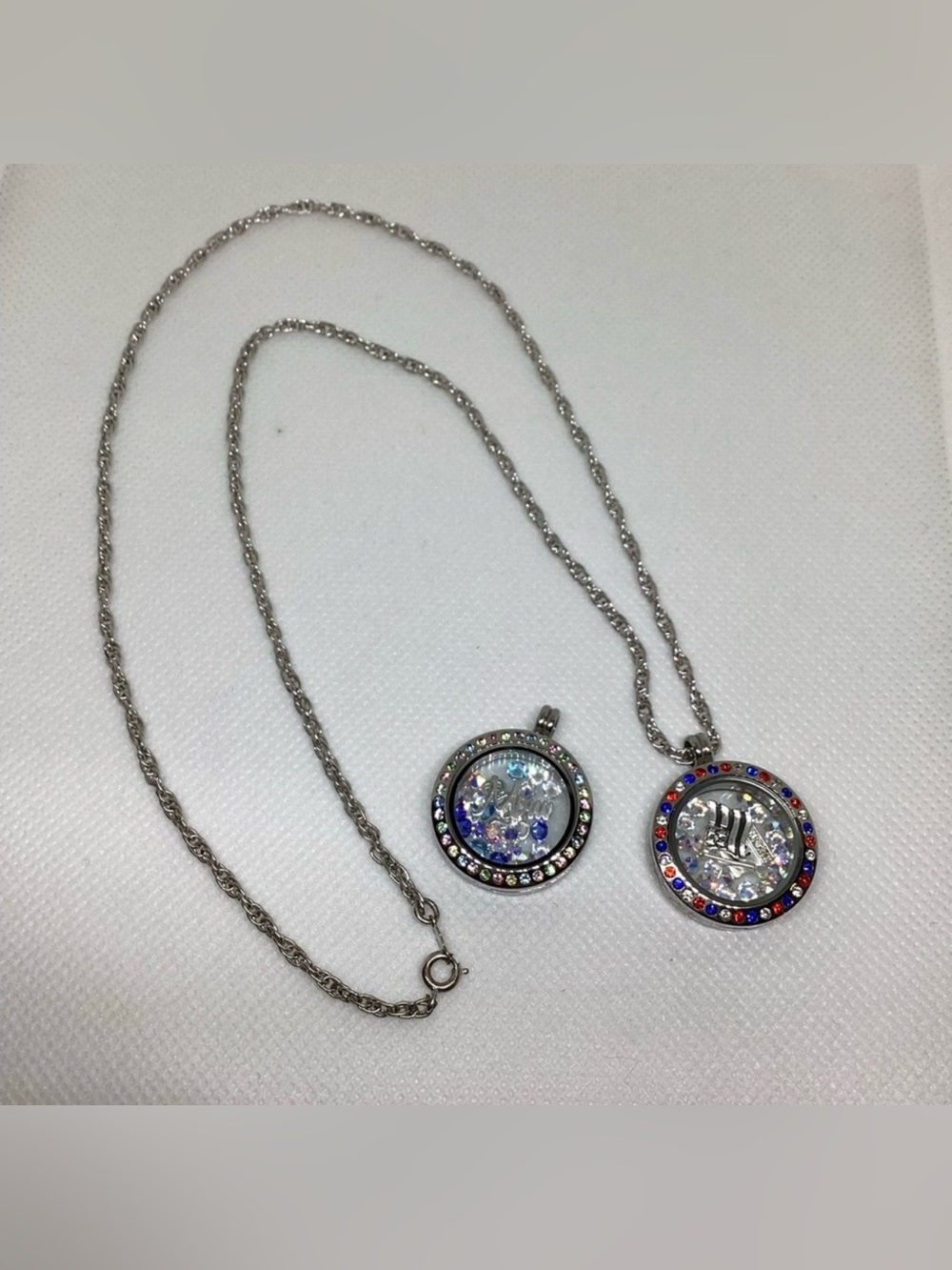 2 Floating Rhinestone Charms lockets with 24” Silver tone Chain